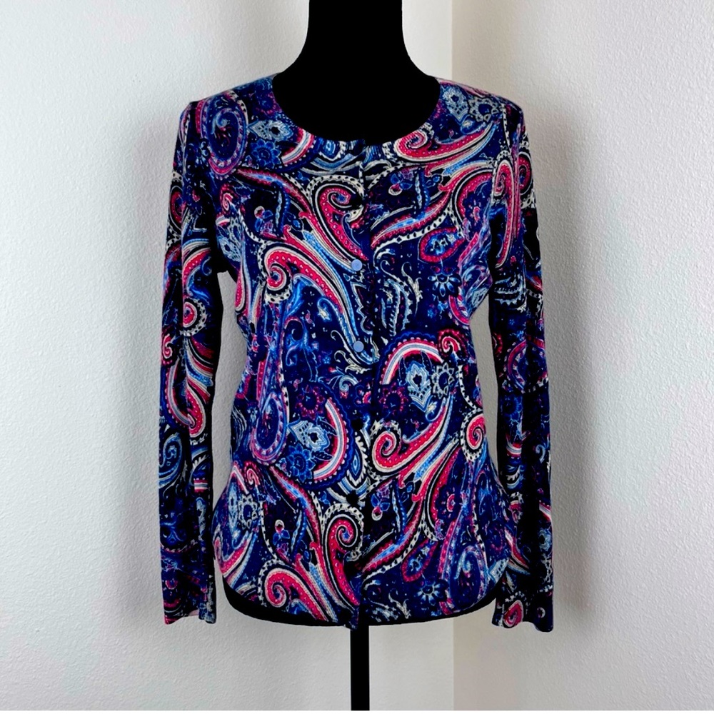Talbots Sweater Womens Medium Merino Wool Cardigan Paisley Office Secretary Blue